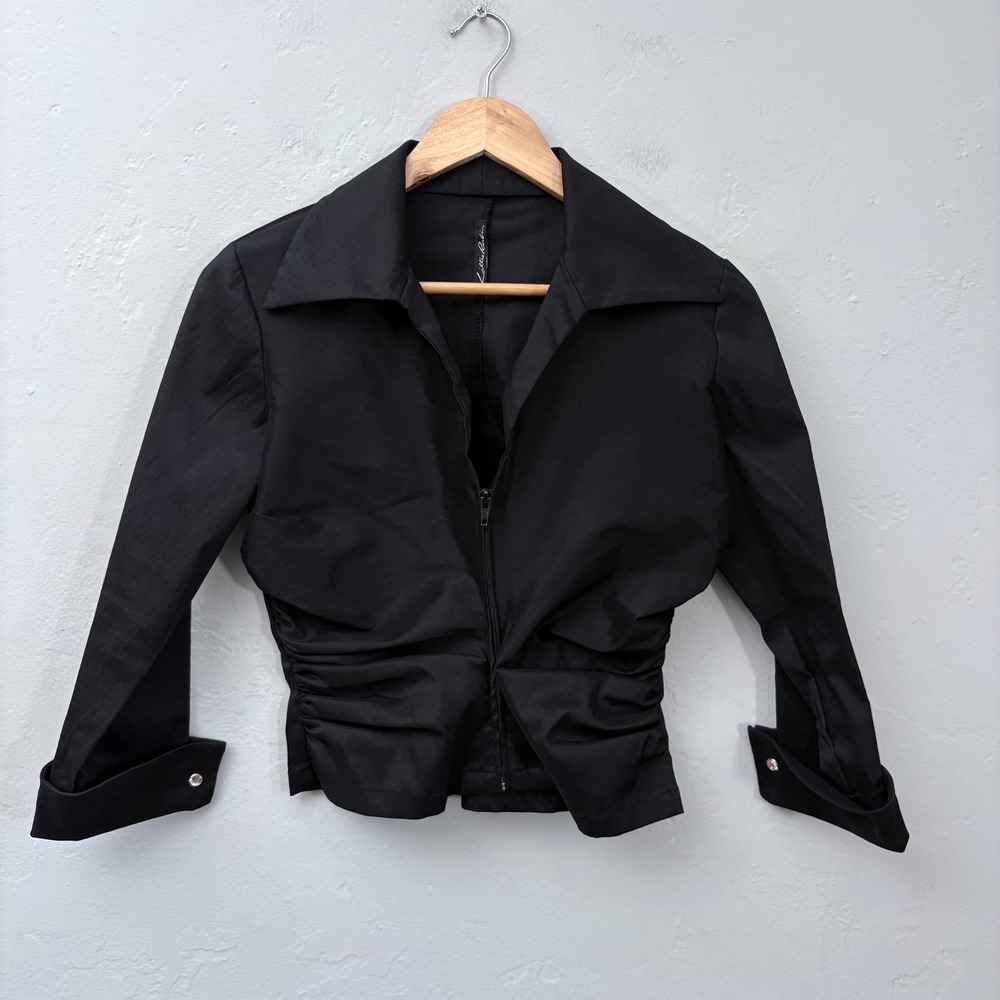 Lillie Rubin Ruched Jacket Women Size XS Black Zip Up Jewel Cuffs